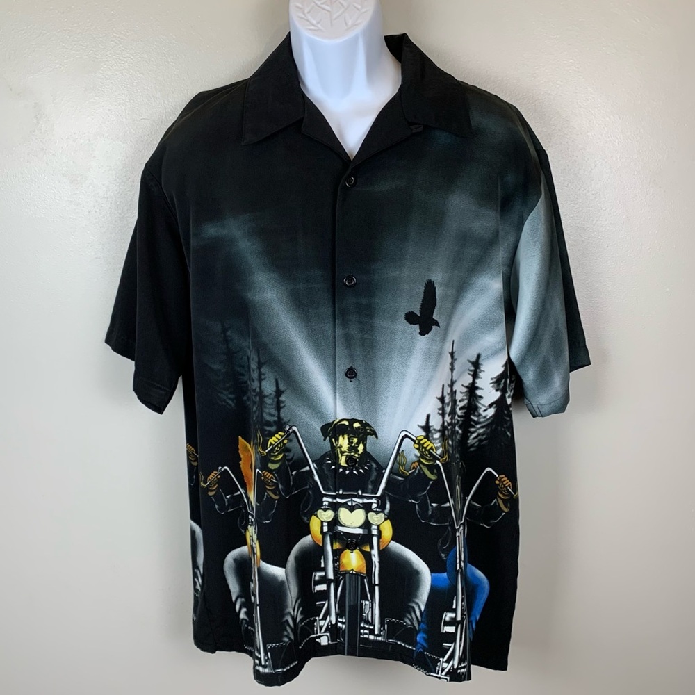 Sapphire Lounge Shirt Mens Large Black Dog Motorcycle Biker Collar Short Sleeves